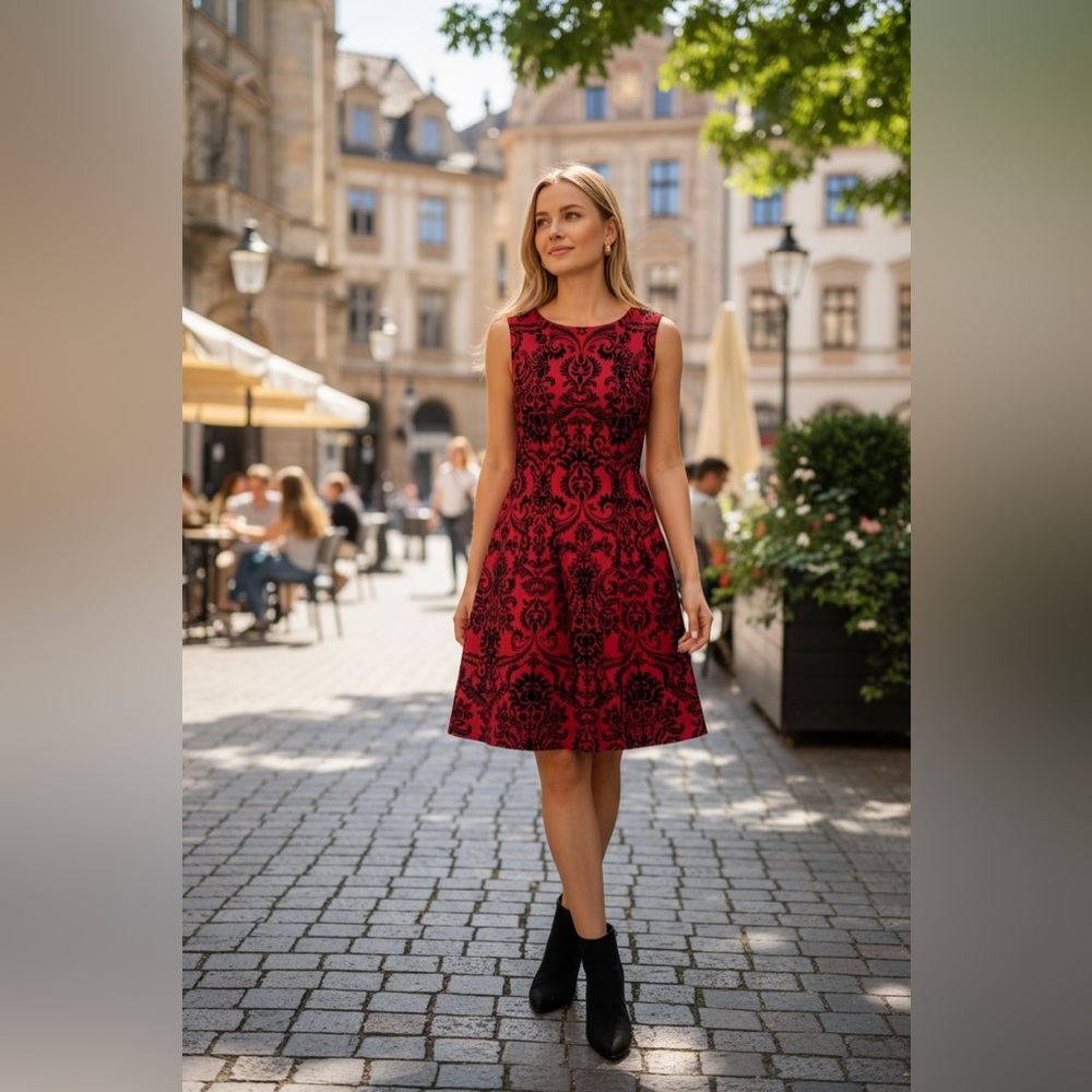 Velvet Burnout Jacquard Holiday Party Fit Flare Midi Dress 6 Black Red Gaby Skye